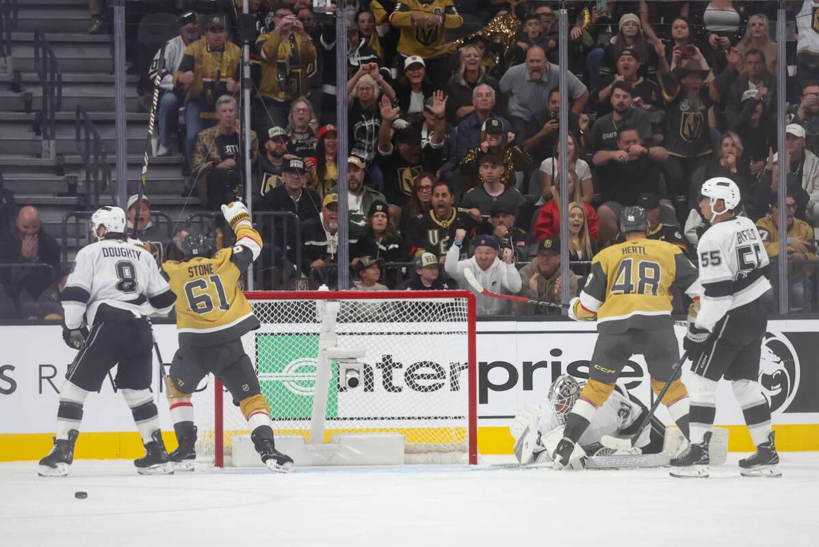 The Golden Knights celebrate a hat trick goal by Golden Knights right wing Pavel Dorofeyev, out ...
