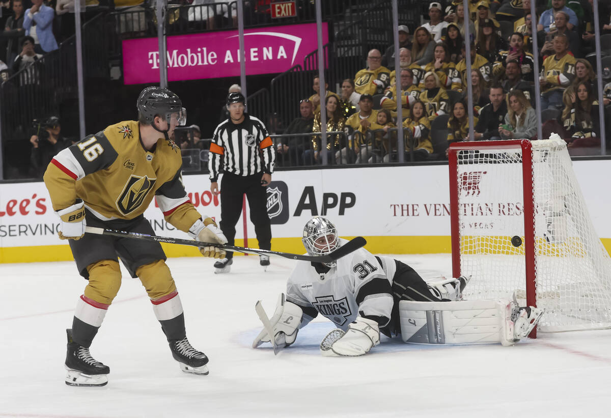 Golden Knights right wing Pavel Dorofeyev (16) scores past Los Angeles Kings goaltender Anton F ...