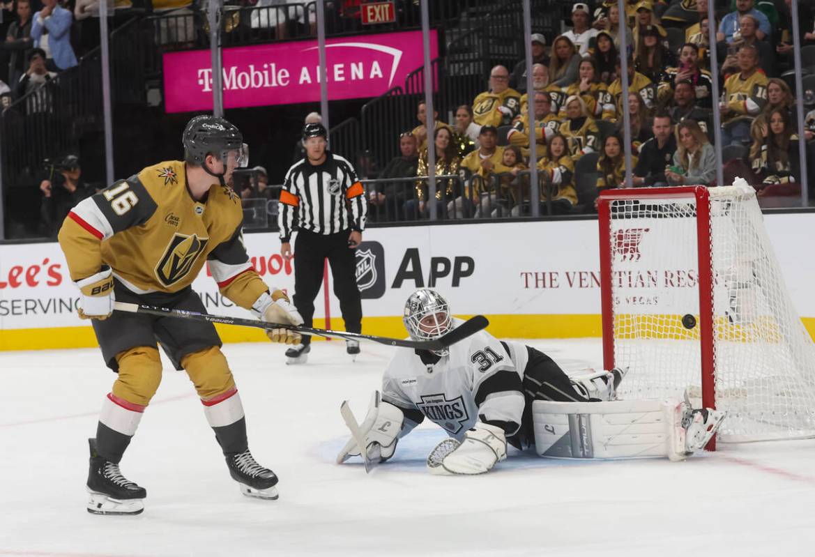 Golden Knights right wing Pavel Dorofeyev (16) scores past Los Angeles Kings goaltender Anton F ...