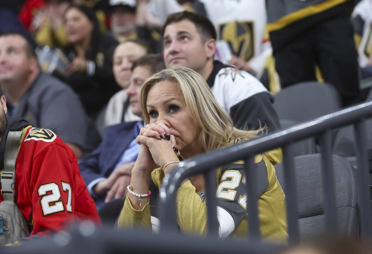 Golden Knights fans look on during a shootout against the Los Angeles Kings in their season-ope ...