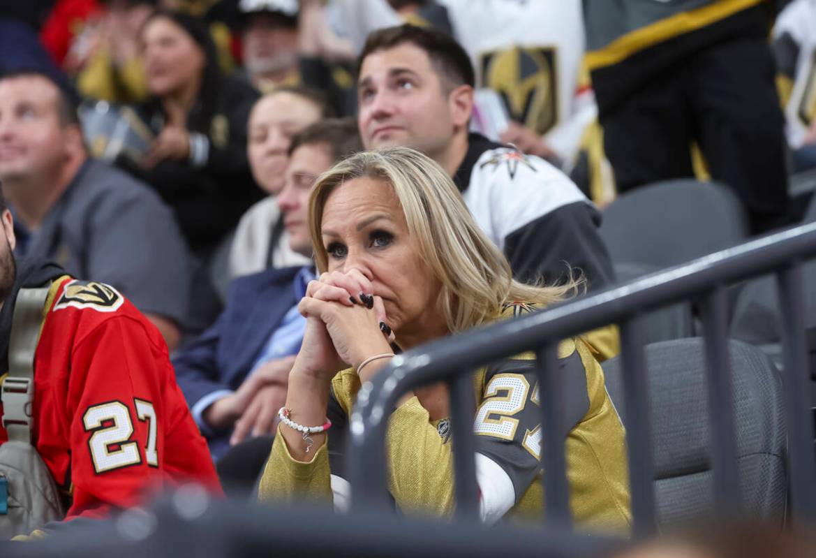 Golden Knights fans look on during a shootout against the Los Angeles Kings in their season-ope ...