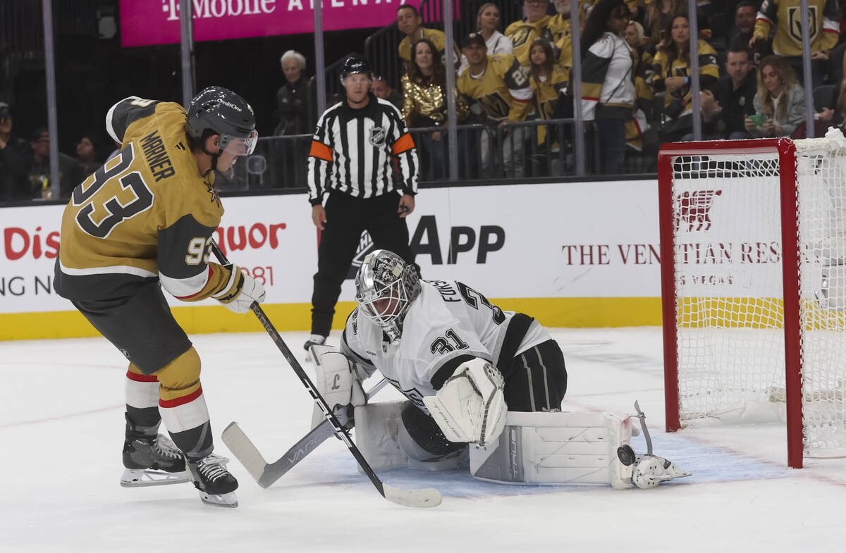 Los Angeles Kings goaltender Anton Forsberg (31) blocks the shot of Golden Knights right wing M ...