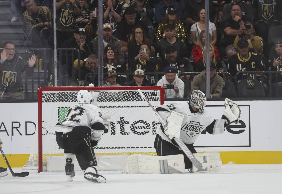 Los Angeles Kings goaltender Anton Forsberg (31) stops the puck during overtime in their season ...