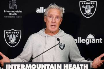 Raiders head coach Pete Carroll speaks during media interviews at the Intermountain Health Perf ...