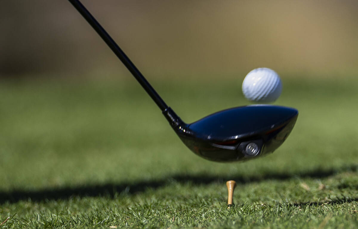 Faith Lutheran's Madison Perez tees off during the final round of the 5A girls golf Southe ...