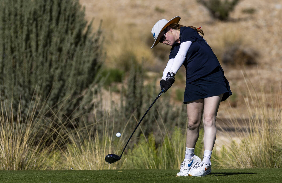 Bishop Gorman's Samantha Harris blasts a ball off the tee during the final round of the 5A ...