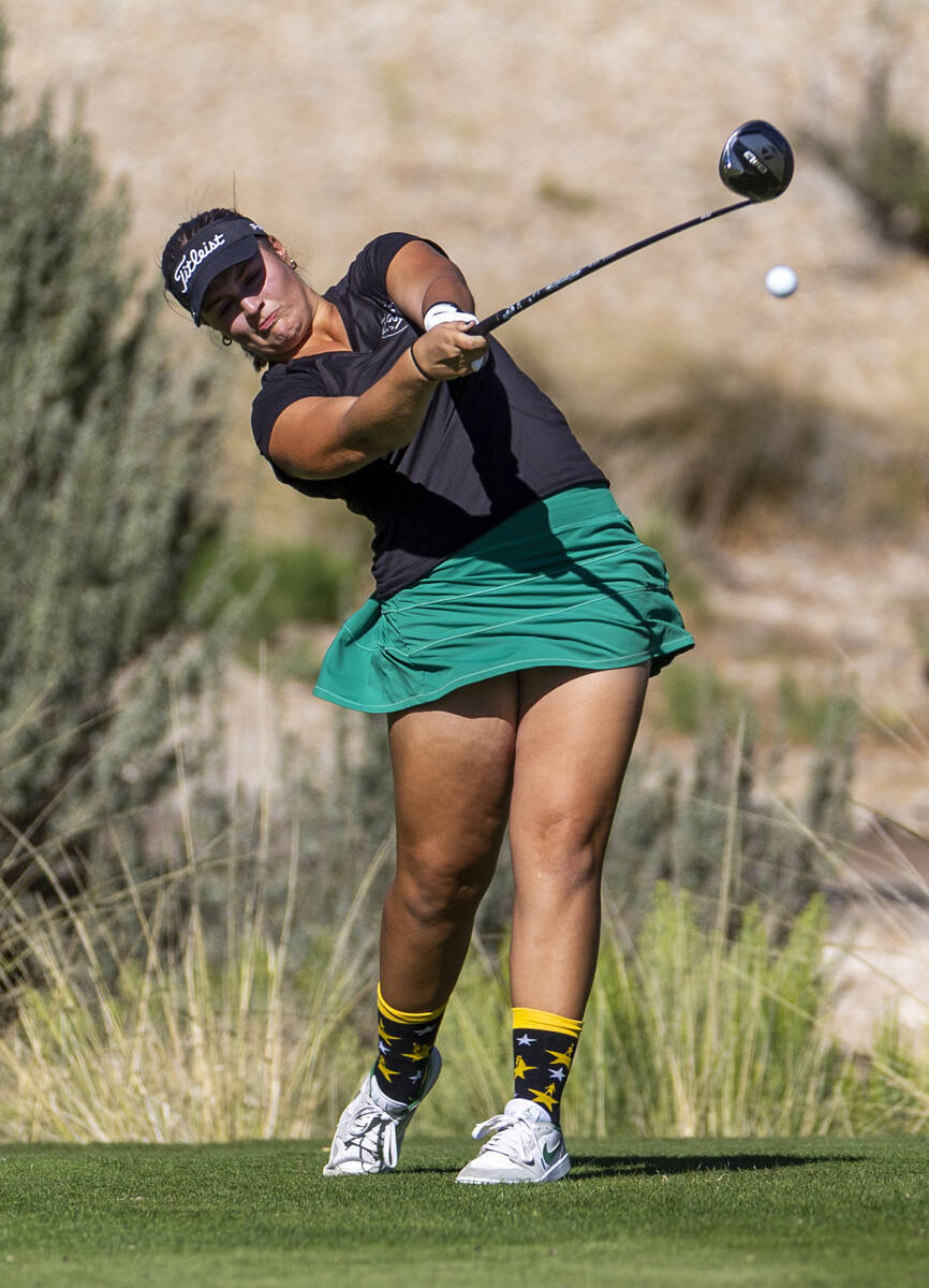 Palo Verde's Sage Perry blasts a ball off the tee during the final round of the 5A girls g ...