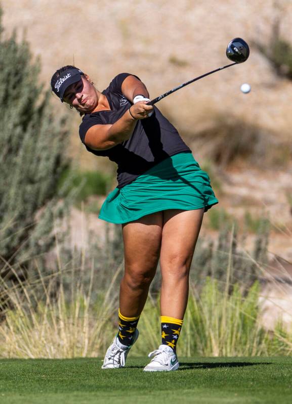 Palo Verde's Sage Perry blasts a ball off the tee during the final round of the 5A girls g ...