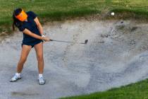 Bishop Gorman's Sol Choi blasts out of the sand during the final round of the 5A girls gol ...