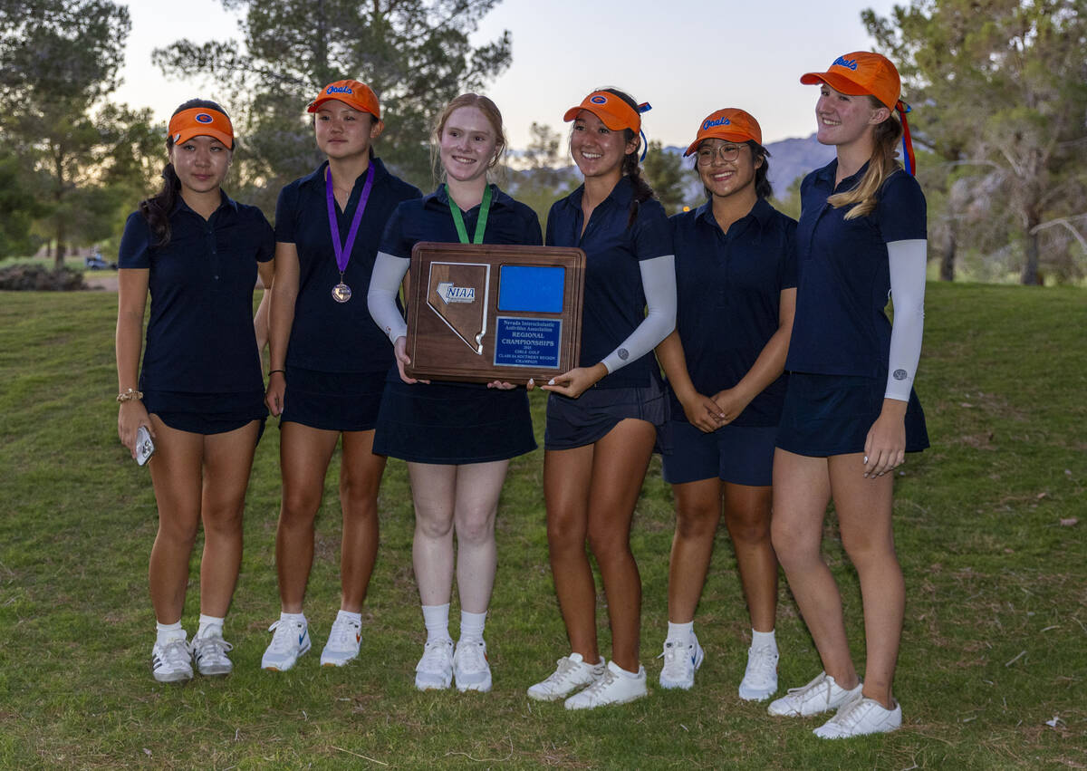 Bishop Gorman players win the team award during the final round of the 5A girls golf Southern R ...