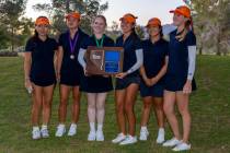 Bishop Gorman players win the team award during the final round of the 5A girls golf Southern R ...