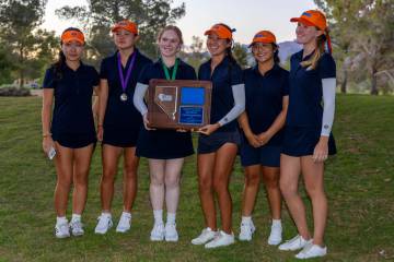 Bishop Gorman players win the team award during the final round of the 5A girls golf Southern R ...