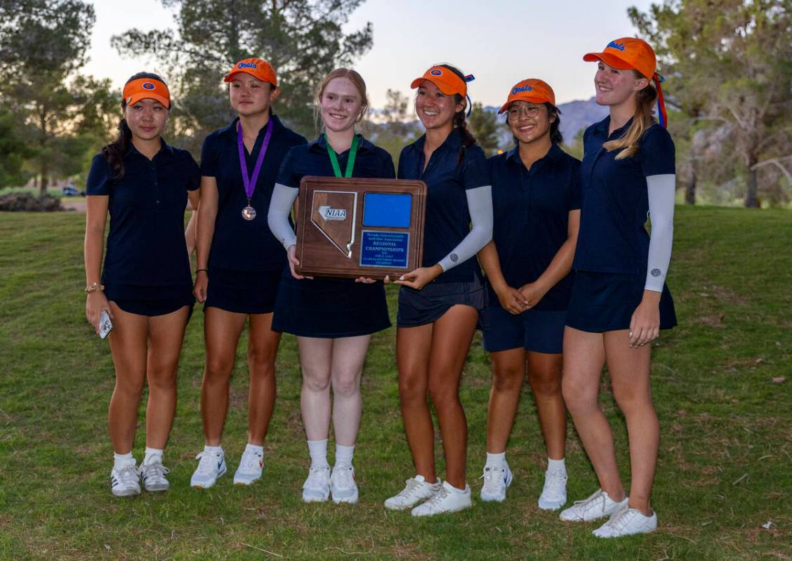 Bishop Gorman players win the team award during the final round of the 5A girls golf Southern R ...