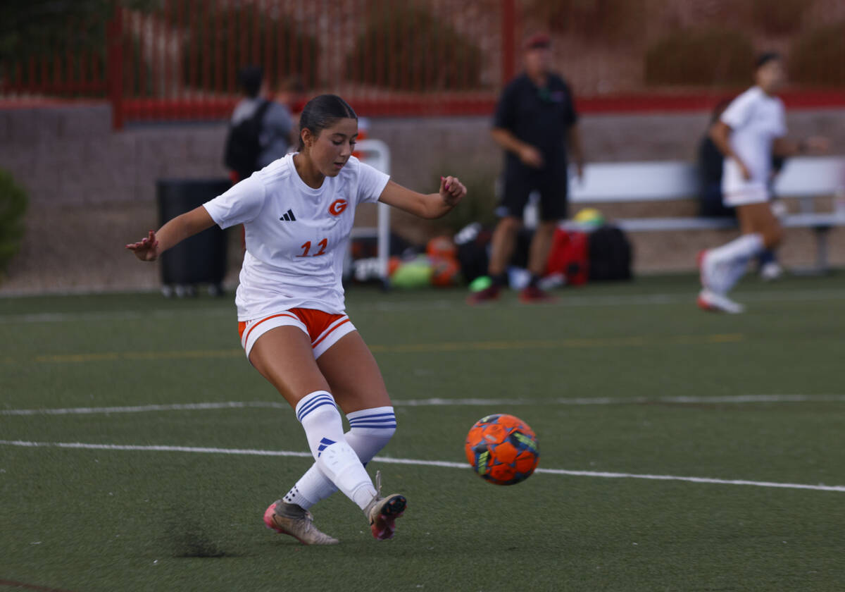 Bishop Gorman's Devyn Giraldo (11) kicks the ball during a soccer game at Doral Academy on ...