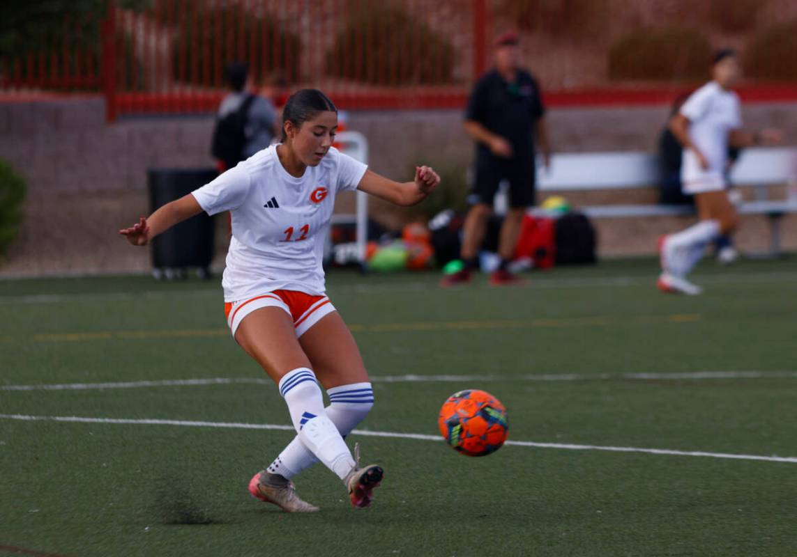 Bishop Gorman's Devyn Giraldo (11) kicks the ball during a soccer game at Doral Academy on ...