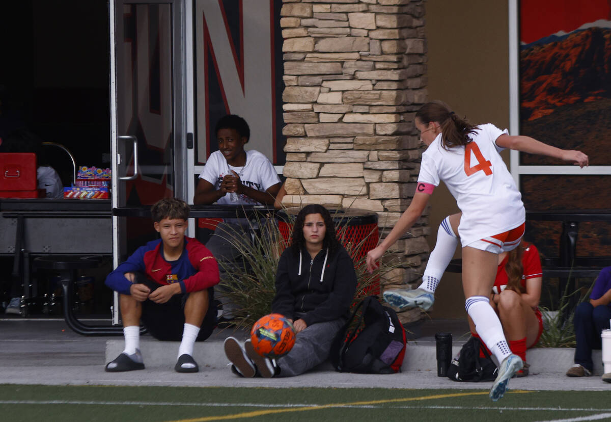 Bishop Gorman's Gianna Tomasello (4) kicks the ball during a soccer game at Doral Academy ...