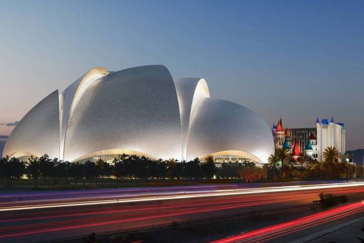 An artist rendering of the Athletics' planned Las Vegas ballpark shown during a March 6, 2025, ...