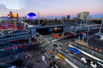The view north up the track along Koval Lane and the Flamingo Road bridge along the track of th ...
