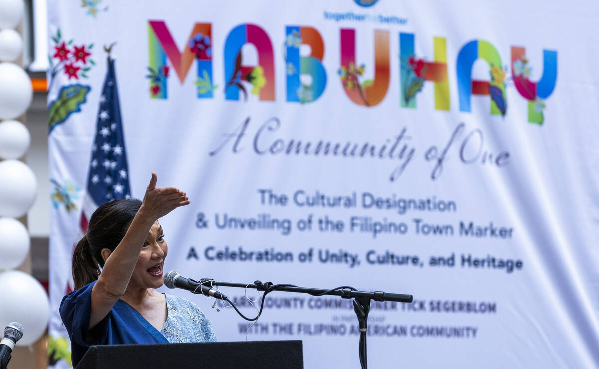Philippine Senator Risa Hontiveros speaks as Clark County community members celebrate the sign ...