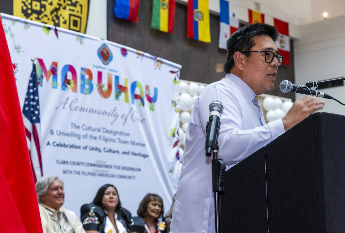 Philippine Consul General Adelio Angelito Cruz speaks as Clark County celebrates the sign unvei ...