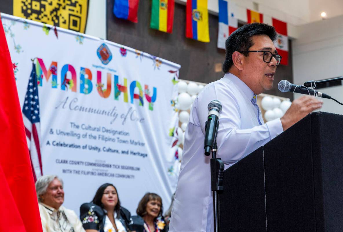 Philippine Consul General Adelio Angelito Cruz speaks as Clark County celebrates the sign unvei ...