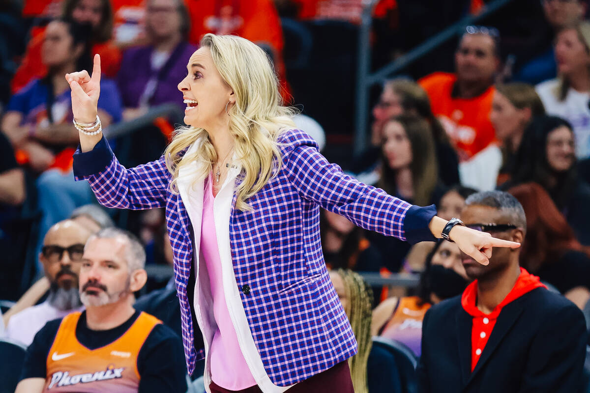 Aces head coach Becky Hammon coaches her team during game three of a WNBA finals match up betwe ...