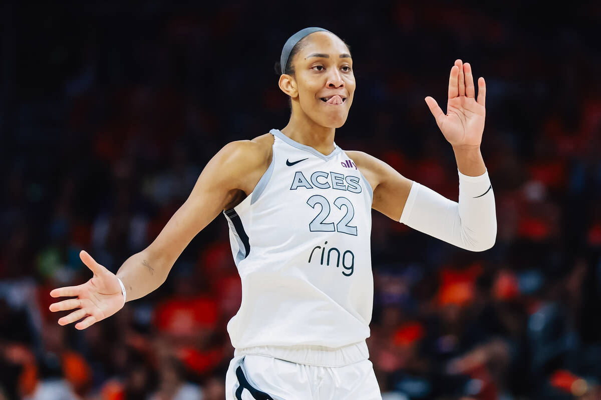 Aces center A'ja Wilson (22) celebrates a shot during game three of a WNBA finals match up ...