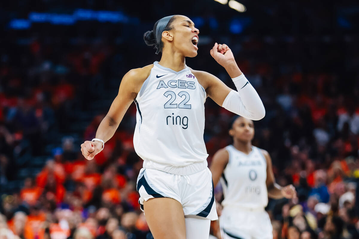 Aces center A'ja Wilson (22) reacts to a missed shot during game three of a WNBA finals ma ...
