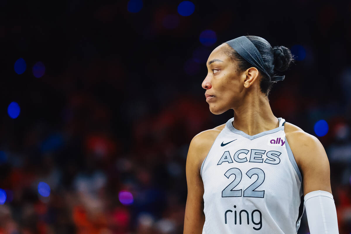 Aces center A'ja Wilson (22) looks to the side during game three of a WNBA finals match up ...