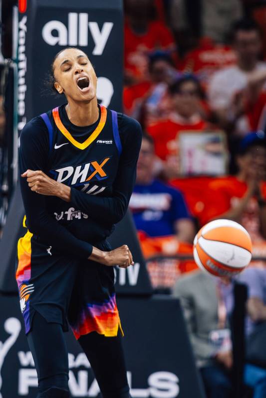 Phoenix Mercury forward DeWanna Bonner (14) reacts as a foul is called on her during game three ...