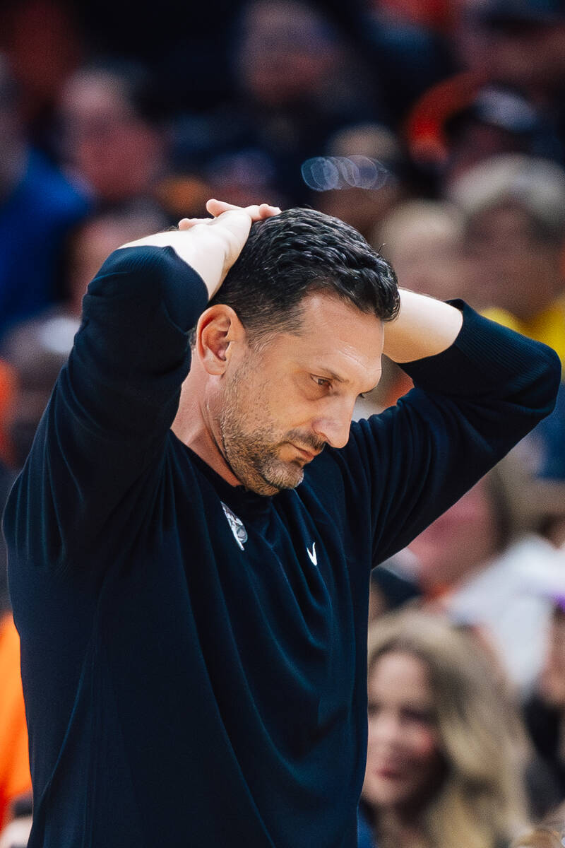 Phoenix Mercury head coach Nate Tibbetts reacts as his team is down during game three of a WNBA ...