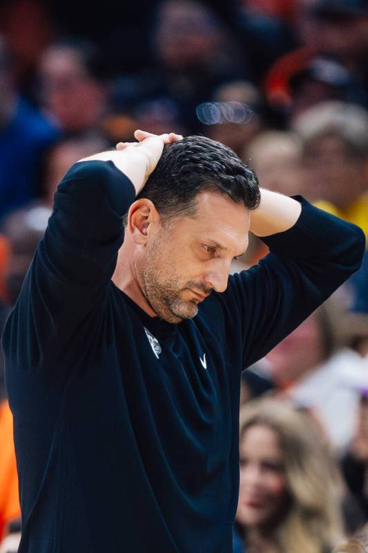 Phoenix Mercury head coach Nate Tibbetts reacts as his team is down during game three of a WNBA ...