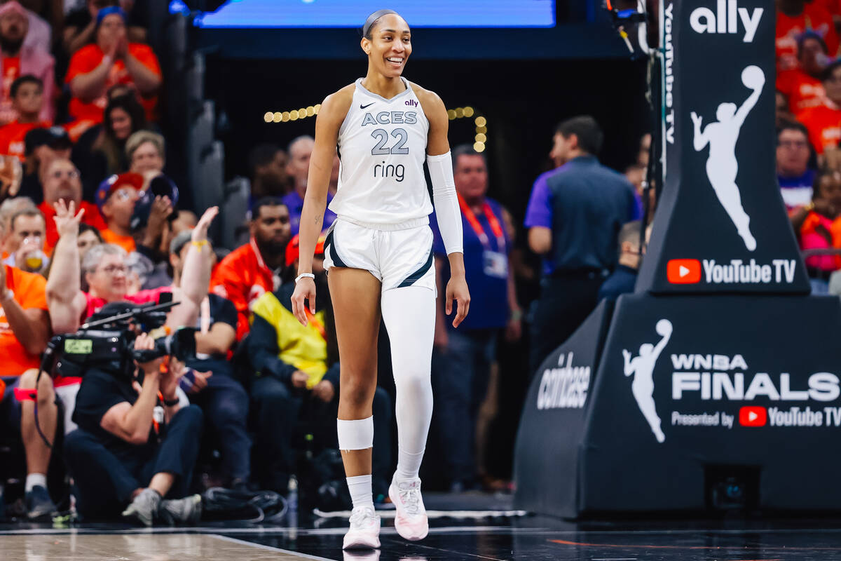 Aces center A'ja Wilson (22) reacts to a foul being called on her during game three of a W ...