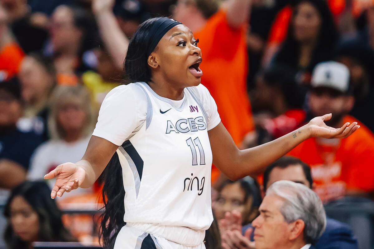 Aces guard Dana Evans (11) reacts after fouling out during game three of a WNBA finals match up ...
