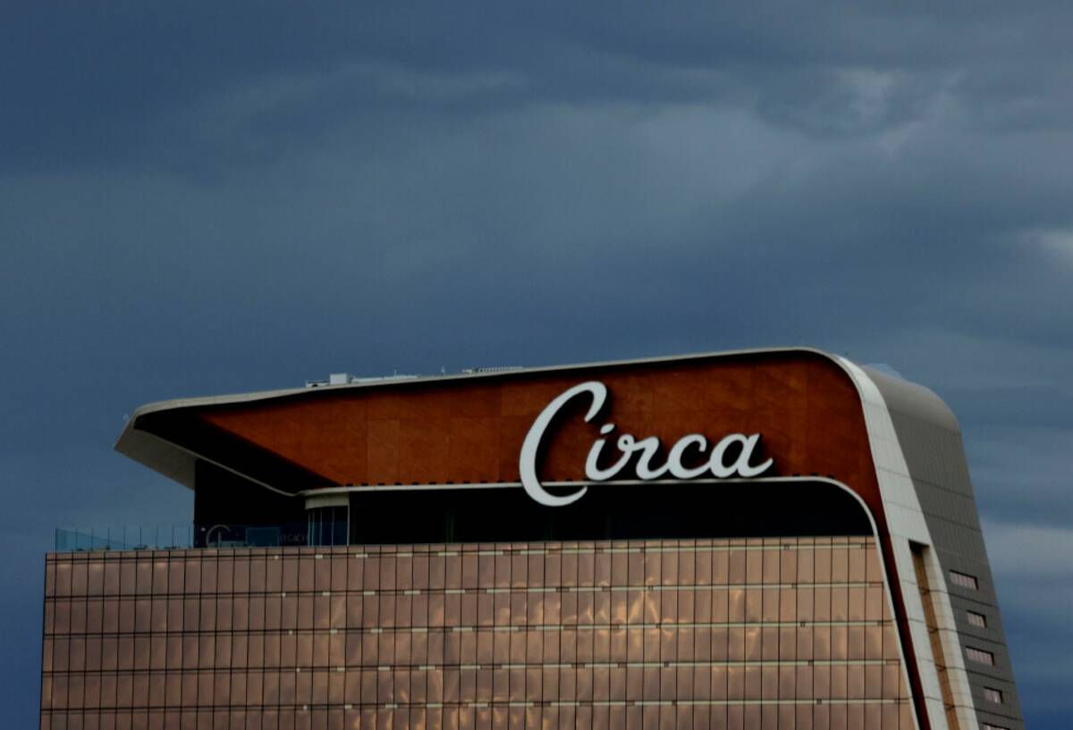 Circa is seen as cloudy skies linger over the Las Vegas Valley, on Thursday, Oct. 9, 2025, in L ...
