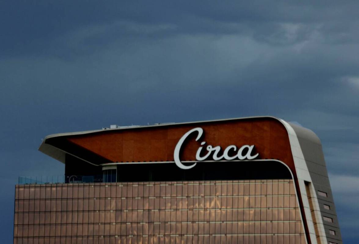 Circa is seen as cloudy skies linger over the Las Vegas Valley, on Thursday, Oct. 9, 2025, in L ...