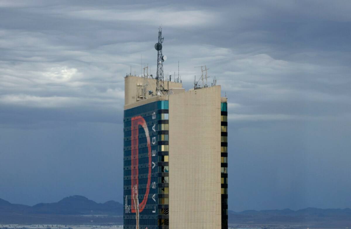 The D is seen as cloudy skies linger over the Las Vegas Valley, on Thursday, Oct. 9, 2025, in L ...
