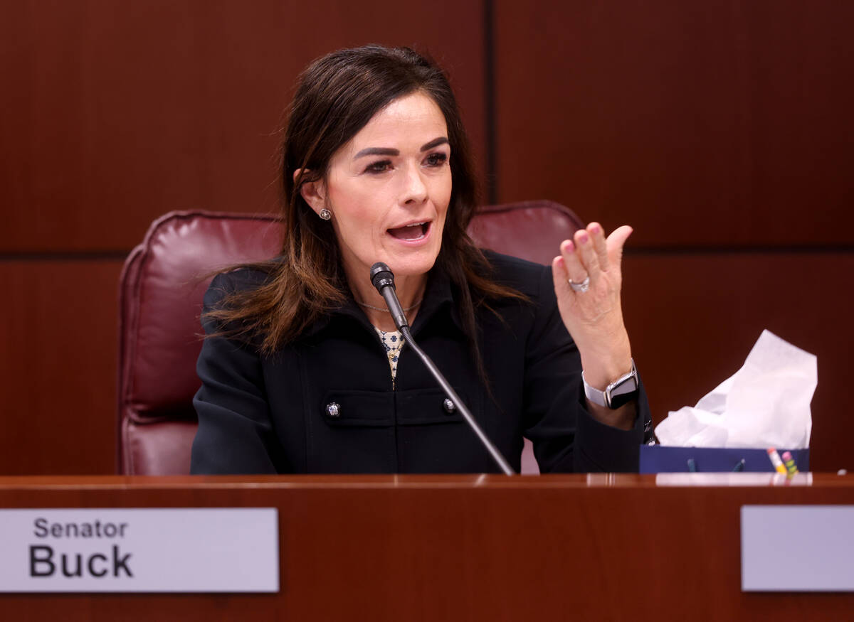 Sen. Carrie Ann Buck, R-Henderson, speaks during a meeting of the Senate Finance Committee in t ...