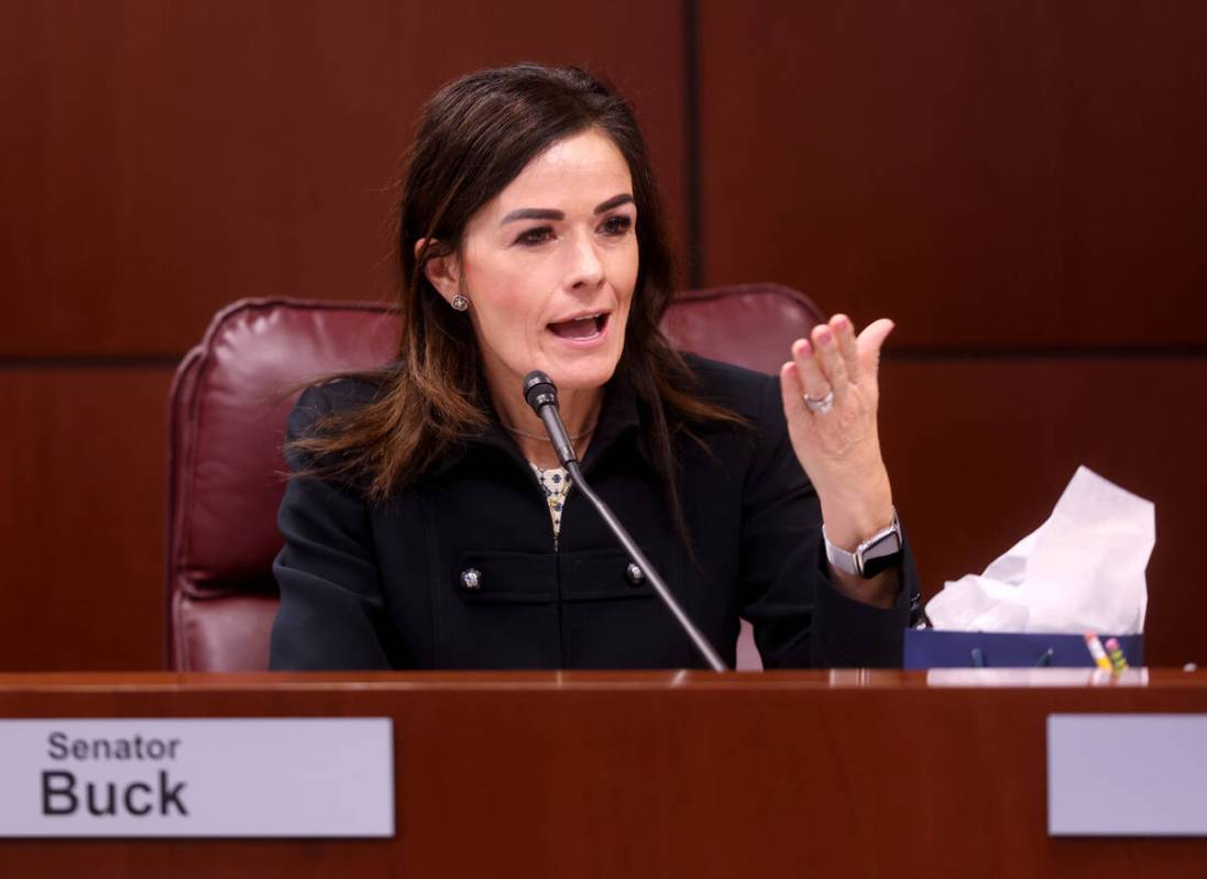 Sen. Carrie Ann Buck, R-Henderson, speaks during a meeting of the Senate Finance Committee in t ...