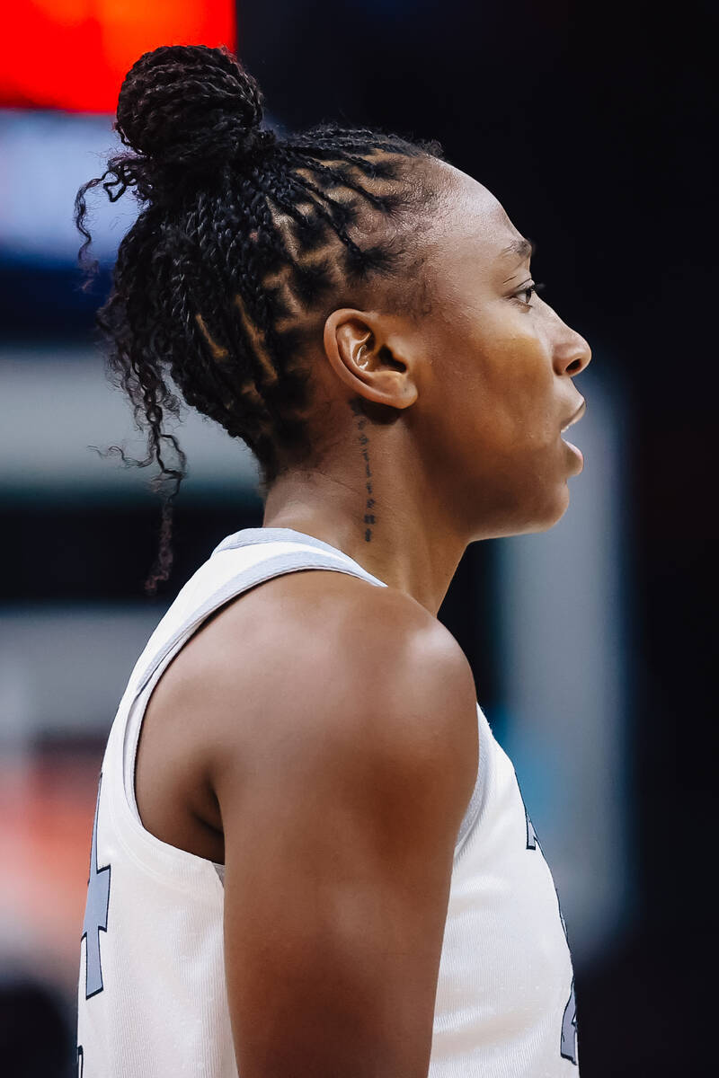 Aces guard Jewell Loyd’s neck tattoo during game three of a WNBA finals match up between ...