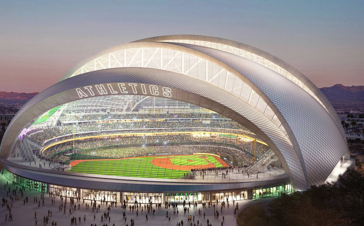 An artist rendering of the Athletics' planned Las Vegas ballpark shown during a March 6, 2025, ...