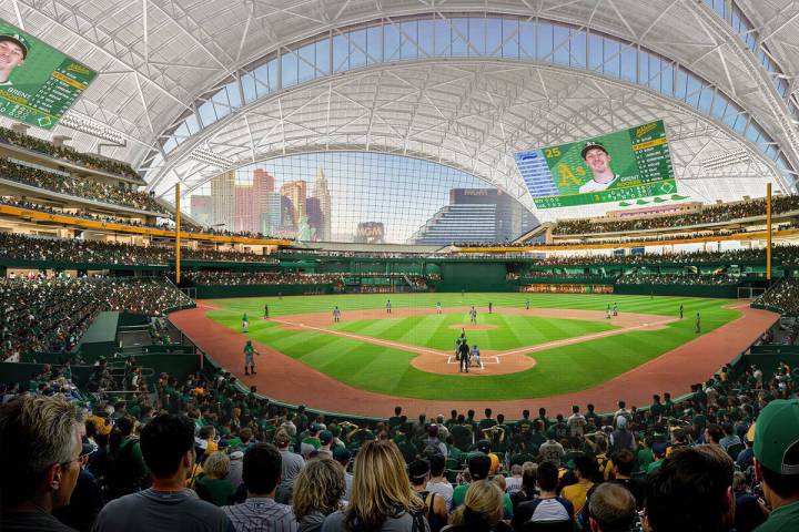 An artist rendering of the Athletics' planned Las Vegas ballpark shown during a March 6, 2025, ...