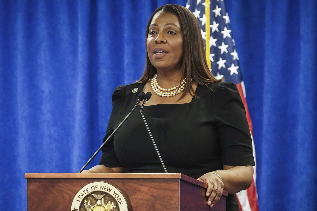 New York Attorney General Letitia James speaks, Feb. 16, 2024, in New York. (AP Photo/Bebeto Ma ...