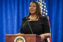 New York Attorney General Letitia James speaks, Feb. 16, 2024, in New York. (AP Photo/Bebeto Ma ...