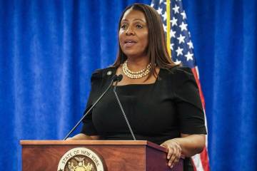 New York Attorney General Letitia James speaks, Feb. 16, 2024, in New York. (AP Photo/Bebeto Ma ...