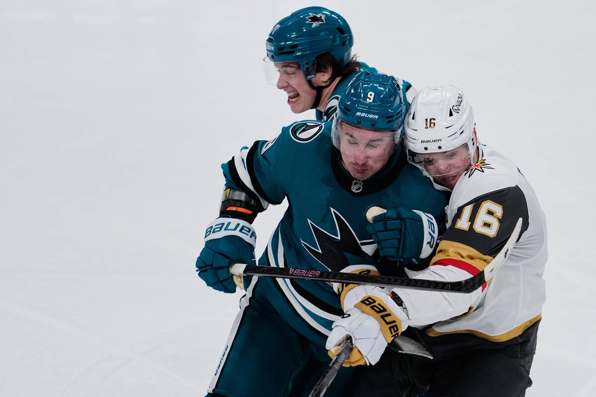 San Jose Sharks defenseman Dmitry Orlov (9) collides with Vegas Golden Knights right wing Pavel ...