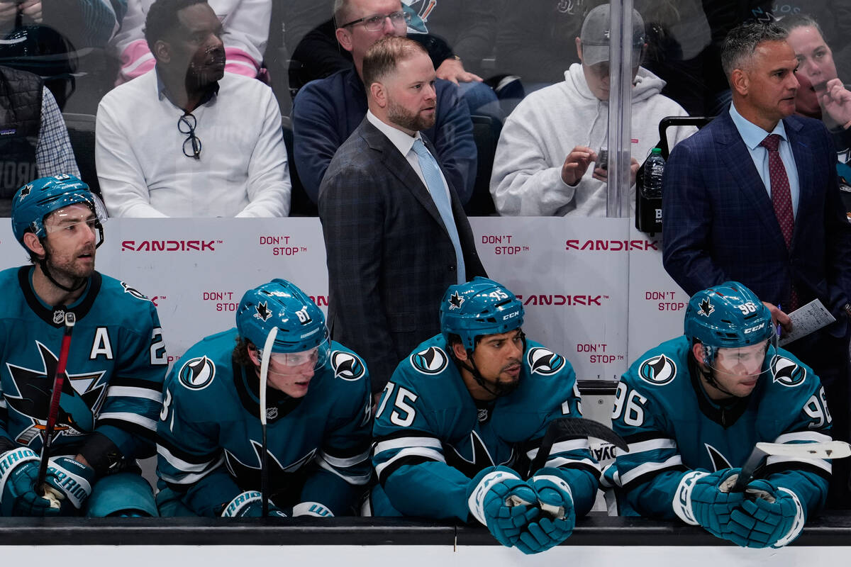 San Jose Sharks head coah Ryan Warsofsky, top center, watches during the third period of an NHL ...