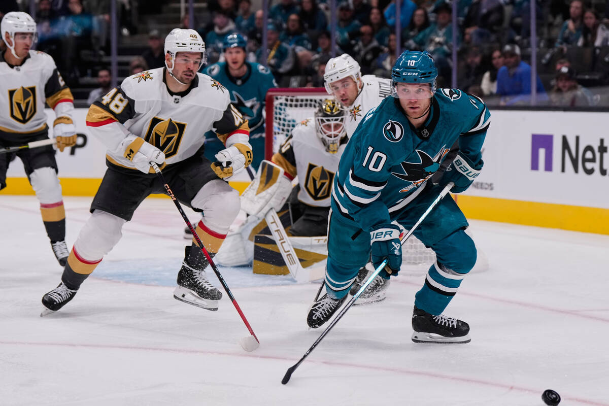 San Jose Sharks center Ty Dellandrea (10) chases after the puck during the first period of an N ...