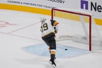 Vegas Golden Knights right wing Reilly Smith scores the game-winning goal during overtime of an ...