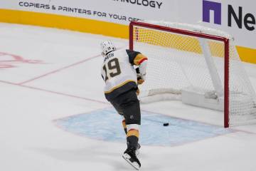 Vegas Golden Knights right wing Reilly Smith scores the game-winning goal during overtime of an ...